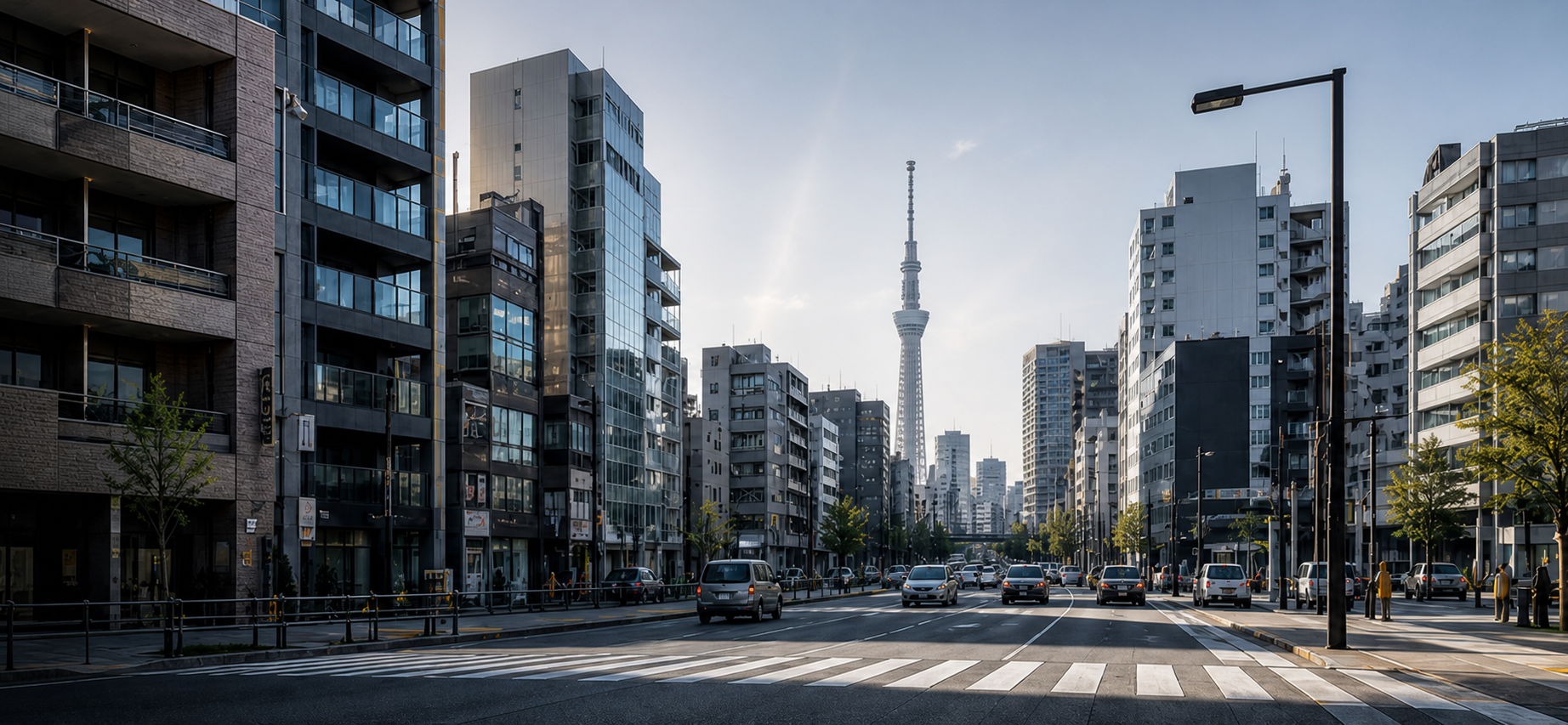 都市の幹線道路と高層建築